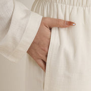 Buddha Stones 2Pcs White Frog-Button Long Sleeve Shirt Top Pants Meditation Zen Tai Chi Cotton Linen Clothing Women's Set