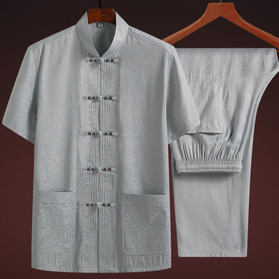 Buddha Stones Along the River During the Qingming Festival Pattern Traditional Tang Suit Short Sleeve Shirt Pants Clothing Men's Set