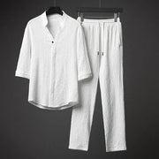 Buddha Stones 2Pcs Solid Color Texture Button Half Sleeve Shirt Pants Men's Set 2-Piece Outfit BS White 5XL(Fit for USUK/AU46; EU56)