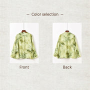 Buddha Stones Flower Leaves Printed Loose Ramie Linen Long Sleeve Shirt Top Clothing