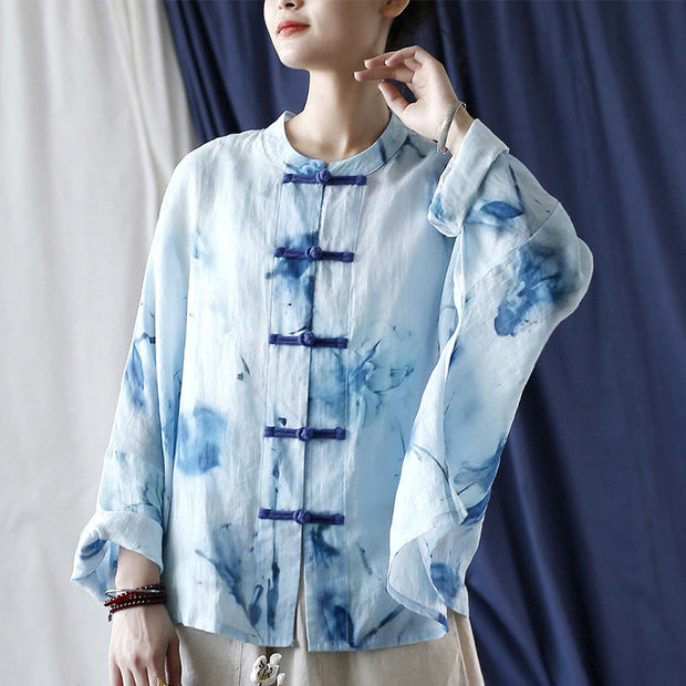 Buddha Stones Tie Dye Blue Flowers Frog-Button Design Long Sleeve Ramie Linen Jacket Shirt 15