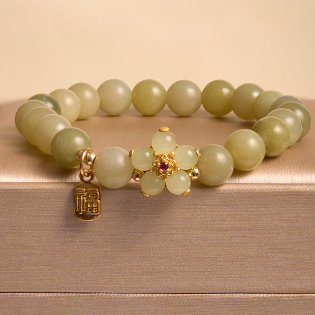 Buddha Stones Green Jade Flower Fu Character Charm Luck Bracelet Bracelet BS 2