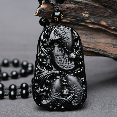 Buddha Stones Black Obsidian Koi Fish Engraved Strength Beaded Necklace Pendant Necklaces & Pendants BS Koi Fish(Luck♥Prosperity)