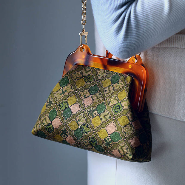 Buddha Stones Green Leaves Handbag Metal Chain Crossbody Bag Shoulder Bag Cellphone Bag Handbags BS Acrylic Shoulder Bag 22*17*7cm