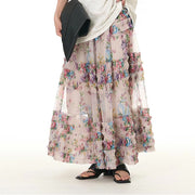 Buddha Stones Colorful Flowers Loose Mesh Tulle Skirt See-Through Design