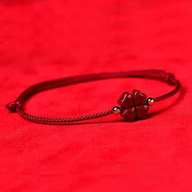 Buddha Stones Natural Cinnabar Four Leaf Clover Blessing Red String Bracelet Anklet