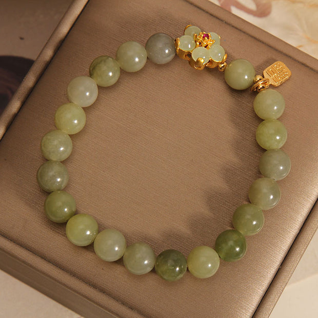 Buddha Stones Green Jade Flower Fu Character Charm Luck Bracelet Bracelet BS 5