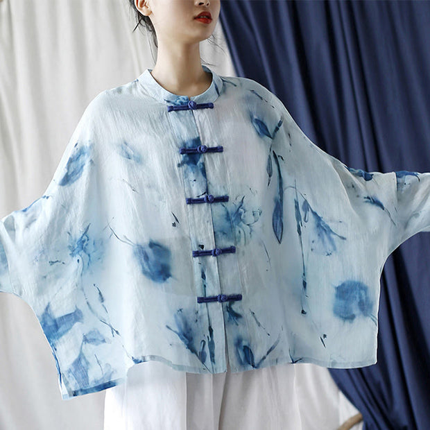 Buddha Stones Tie Dye Blue Flowers Frog-Button Design Long Sleeve Ramie Linen Jacket Shirt 21