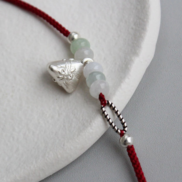 Buddha Stones 925 Sterling Silver Jade Red String Zongzi Charm Abundance Bracelet