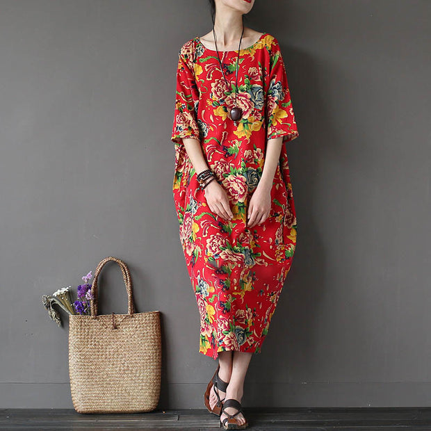 Buddha Stones Red Peony Flowers Printed Midi Dress Half Sleeve Cotton Linen Dress 2