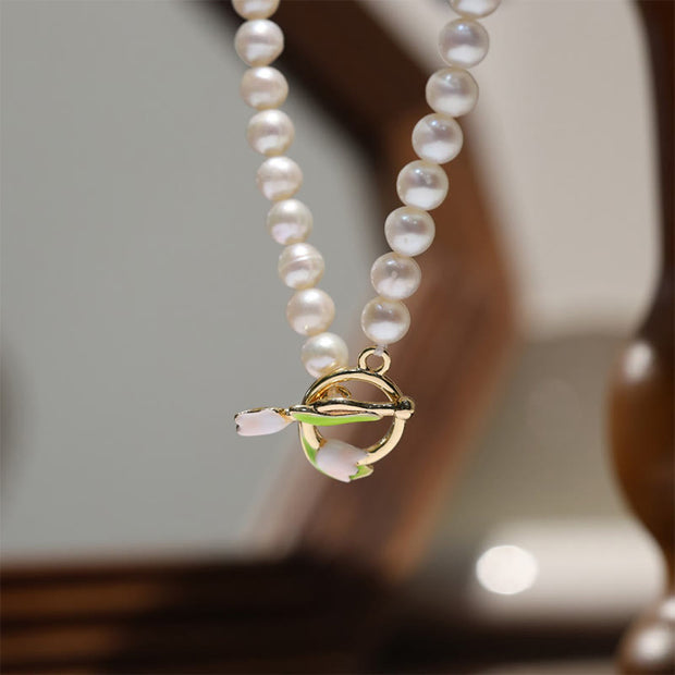 Buddha Stones Natural Pearl Tulip Flower Healing Necklace Pendant Bracelet Earrings Set Bracelet Necklaces & Pendants BS Necklace