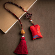 Buddha Stones Tibetan Small Leaf Red Sandalwood Lotus Cinnabar Sachet Protection Tassel Car Hanging Decoration