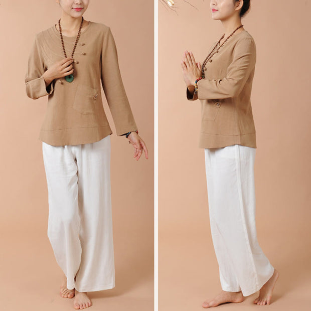 Buddha Stones 2Pcs Long Sleeve T-Shirt Tee Pants Meditation Zen Tai Chi Linen Clothing Women's Set Women's Meditation Cloth BS 10