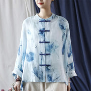 Buddha Stones Tie Dye Blue Flowers Frog-Button Design Long Sleeve Ramie Linen Jacket Shirt 9