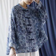 Buddha Stones Retro Blue White Flowers Frog-Button Design Long Sleeve Ramie Linen Jacket Shirt 24