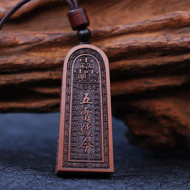 Buddha Stones Lightning Struck Jujube Wood Taoist Five Thunder Order Luck Protection Necklace Pendant 5