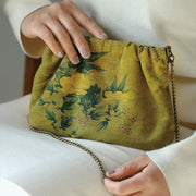 Buddha Stones Yellow Green Flower Black Persimmon Metal Chain Crossbody Bag Shoulder Bag Handbag