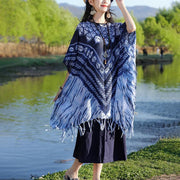 Buddha Stones Blue Striped Floral Indigo Dyeing Shawl Tassels Cozy Pullover 90*95cm 5