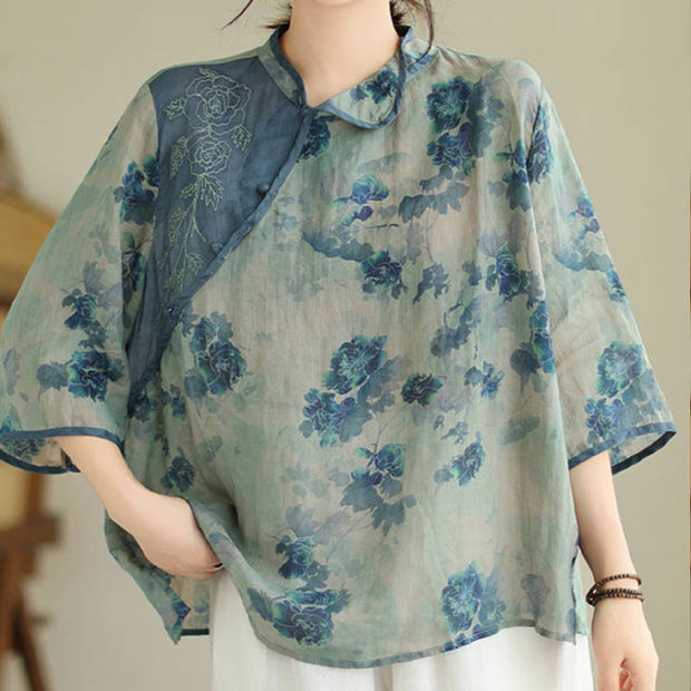 Buddha Stones Blue Jacaranda Flower Design Three Quarter Sleeve Ramie Linen Shirt Women's Shirts BS 3