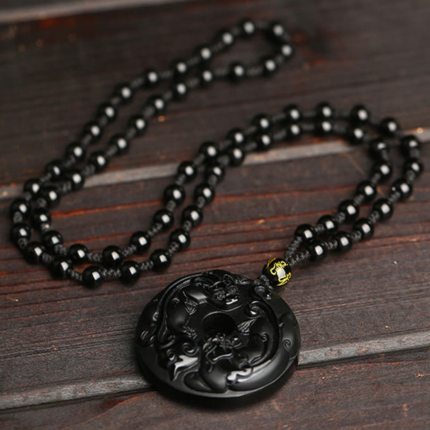 Buddha Stones Natural Black Obsidian Peace Buckle Pixiu Bead Rope Strength Necklace Pendant Necklaces & Pendants BS 2