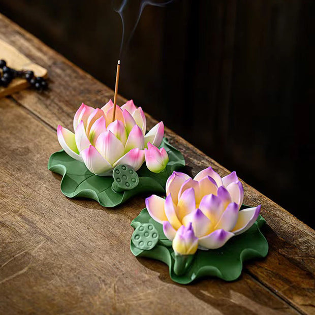 Buddha Stones Lotus Flower Leaf Pod Spiritual Healing Ceramic Stick Incense Burner Decoration Incense Burner BS 10