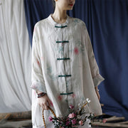 Buddha Stones White Red Flowers Green Leaves Frog-Button Long Sleeve Ramie Linen Jacket Shirt 26