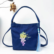 Buddha Stones Embroidery Wisteria Plum Lotus Cherry Blossom Cotton Linen Canvas Tote Crossbody Bag Shoulder Bag Handbag 45