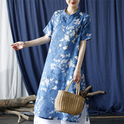 Buddha Stones Ramie Linen Blue White Flowers Branches Cheongsam Dresses Short Sleeve Dress 7