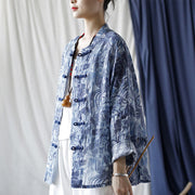 Buddha Stones Retro Blue White Flowers Frog-Button Design Long Sleeve Ramie Linen Jacket Shirt 5