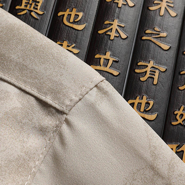 Buddha Stones Mountains Trees Tang Suit Hanfu Traditional Uniform Short Sleeve Top Pants Clothing Men's Set