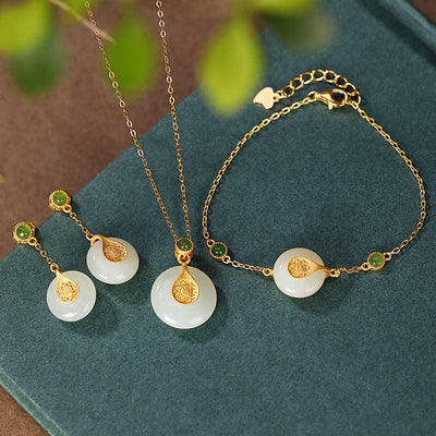 Buddha Stones 925 Sterling Silver Plated Gold Hetian Jade Fu Character Luck Necklace Pendant Bracelet Earrings Bracelet Necklaces & Pendants BS 3Pcs(Bracelet Necklace&Earrings)