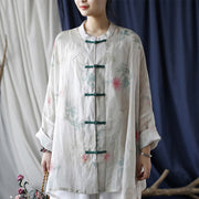 Buddha Stones White Red Flowers Green Leaves Frog-Button Long Sleeve Ramie Linen Jacket Shirt 19