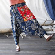 Buddha Stones Red Peony Blue Bamboo Chrysanthemum Patchwork Cotton Linen Harem Pants With Pockets 1