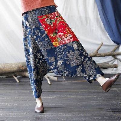 Buddha Stones Red Peony Blue Bamboo Chrysanthemum Patchwork Cotton Linen Harem Pants With Pockets 1