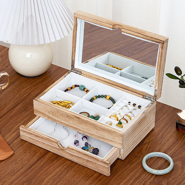 Buddha Stones Retro Beige Wooden Jewelry Box Two-Layer Jewelry Storage Box With Mirror - image 3