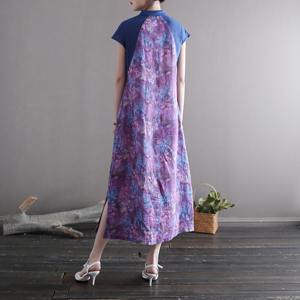 Buddha Stones Vintage Purple Flower Print Ramie Linen Cheongsam Midi Dress With Pockets Cheongsam Dresses BS 2