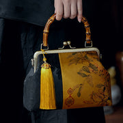 Buddha Stones Leaves Bird Branches Persimmon Flowers Bamboo Handles Handbag Handbags BS Yellow Leaves 26*18*9cm