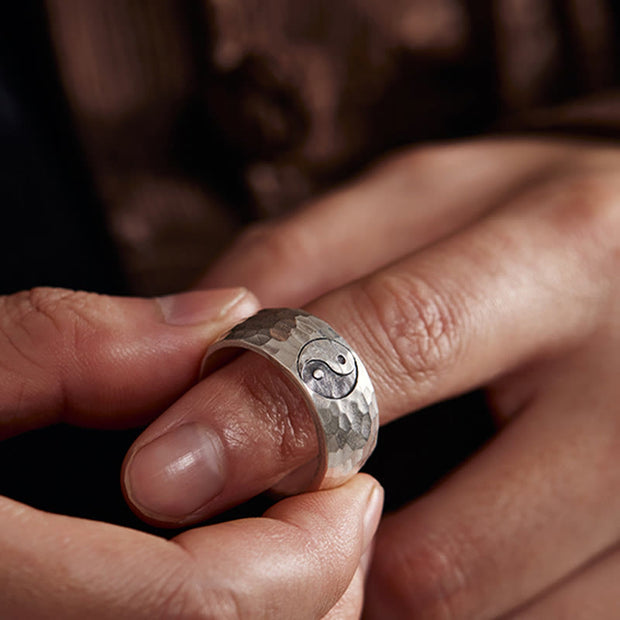 Buddha Stones Handmade 999 Sterling Silver Yin Yang Bagua Symbol Harmony Adjustable Ring Ring BS 4