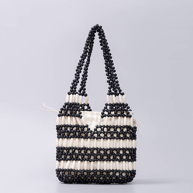 Buddha Stones Hand-woven Round Wooden Beads Handbag Shoulder Bag BS Black 20*4*20cm