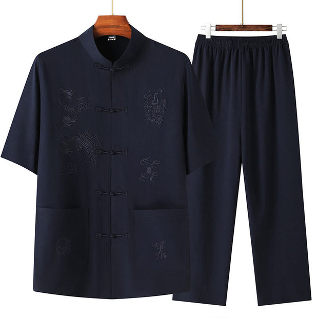 Buddha Stones Tang Suit Hanfu Chinese Dragon Traditional Kung Fu Uniform Short Sleeve Tops and Pants Clothing Men's Set Clothes BS Navy Blue 4XL