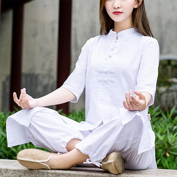 Buddha Stones 2Pcs Half Sleeve Shirt Top Pants Meditation Zen Tai Chi Linen Clothing Women's Set Women's Meditation Cloth BS 4