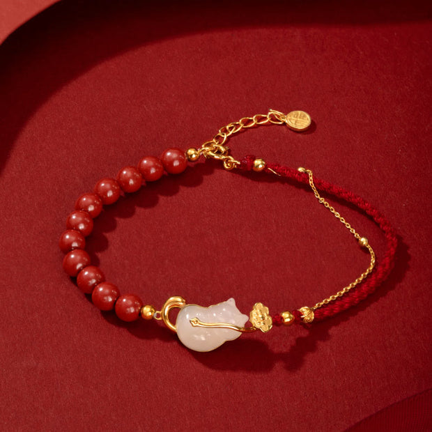 Buddha Stones 925 Sterling Silver Plated 18K Gold Hetian Jade Ruyi Cat Cinnabar Luck Bracelet Necklace Pendant Set