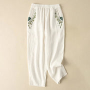 Buddha Stones Vintage Embroidery Elastic Waist Harem Pants With Pockets Harem Pants BS White 4XL(Waist 70-130cm/Hips 125cm/Length 92cm)