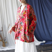 Buddha Stones Ethnic Style Northeast Red Flower Peony Print Cotton Linen Lace Up Jacket 5