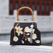 Buddha Stones Plum Blossom Embroidery Bamboo Handle Handbag Crossbody Bag