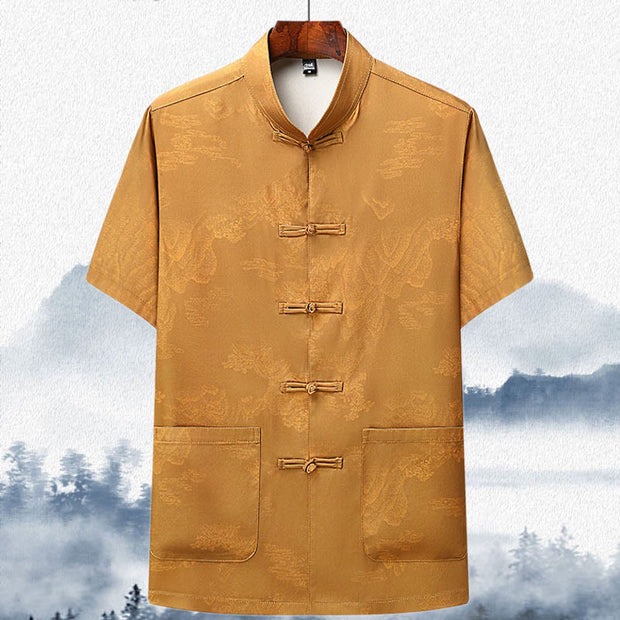 Buddha Stones Mountains Trees Tang Suit Hanfu Traditional Uniform Short Sleeve Top Pants Clothing Men's Set Men's Meditation Cloth BS Yellow Top 44/4XL