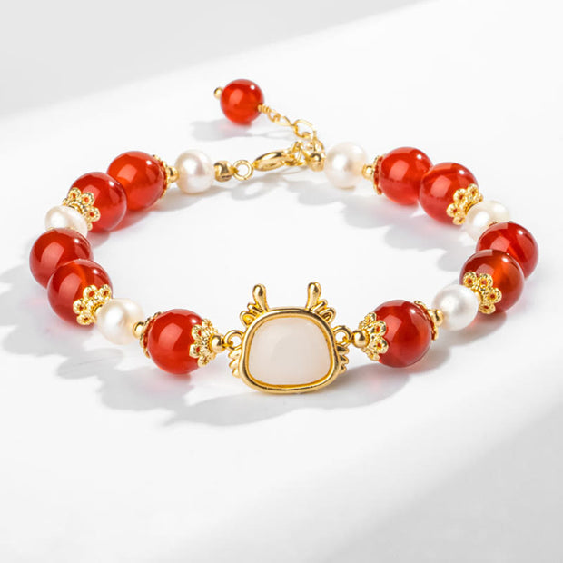 Buddha Stones 14K Gold Plated Year Of The Dragon Natural Red Agate Pearl Protection Fu Character Chain Bracelet (Extra 30% Off | USE CODE: FS30) Bracelet BS Red Agate White Liuli Glass(Wrist Circumference 14-19cm)
