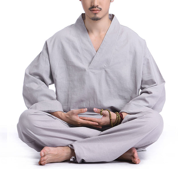 Buddha Stones Meditation Prayer V-neck Design Cotton Linen Spiritual Zen Practice Yoga Clothing Men's Set Clothes BS Gray XXXL