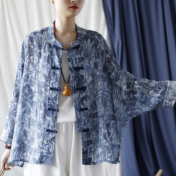 Buddha Stones Retro Blue White Flowers Frog-Button Design Long Sleeve Ramie Linen Jacket Shirt 2