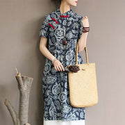 Buddha Stones Blue White Flower Frog-button Cheongsam Dresses Short Sleeve Linen Dresses With Pockets 16